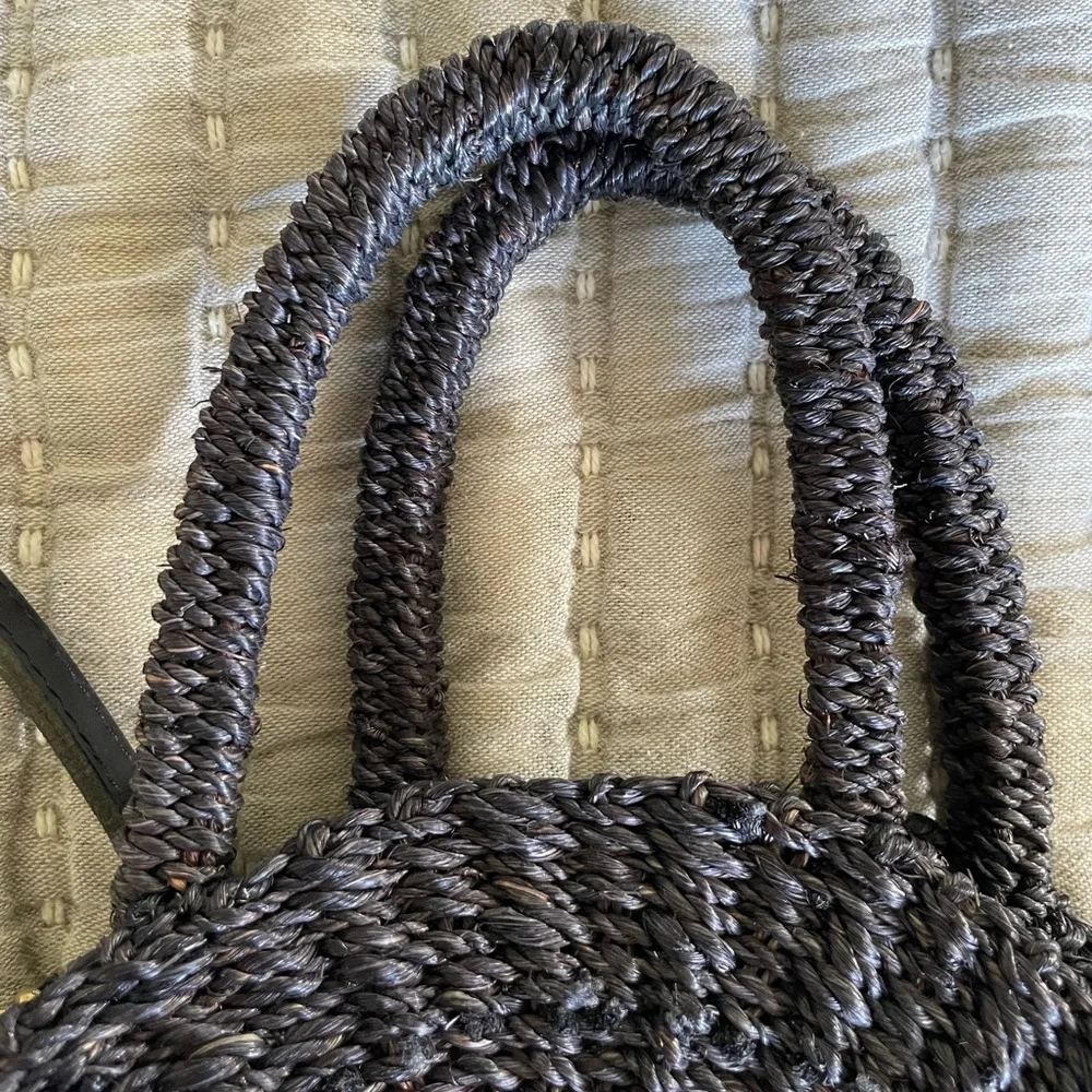 Clare V Round Woven Crossbody Bag in Dark Brown/black